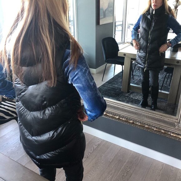 MICHAEL KORS Black Quilted Puffer Hoodie Vest Long Tunic Length high neck Gold S - Picture 2 of 16